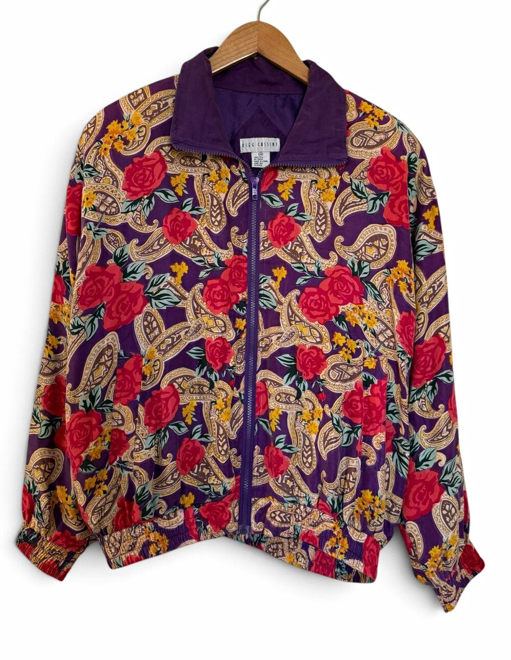 Oleg Cassini Y2K 90s Purple Floral 100% Silk Windbreaker Jacket | Size M